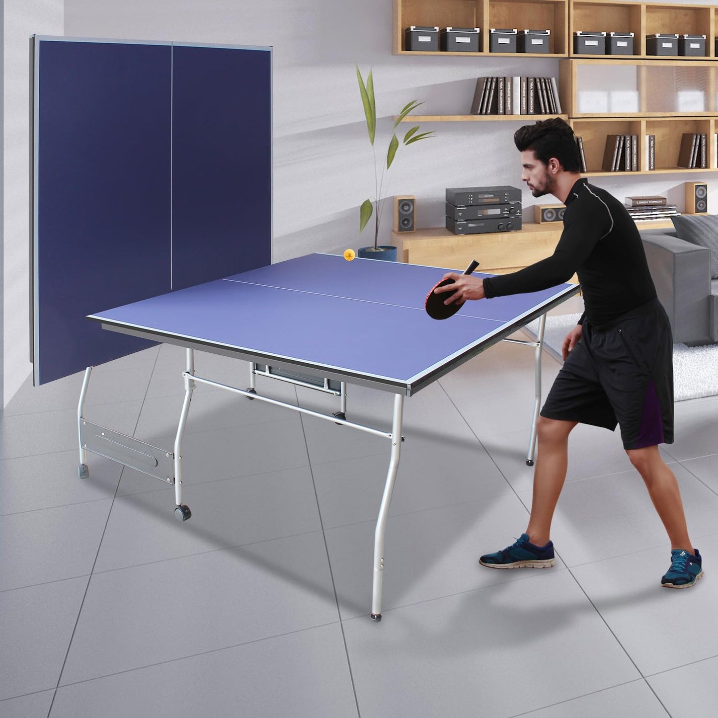 Compact Ping Pong Table, 8ft Mid-Size Indoor/Outdoor Table Tennis Game Set, Foldable, Portable Table Tennis Table with Net, 2 Table Tennis Paddles and 3 Balls, Blue