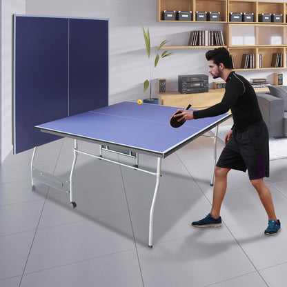 Compact Ping Pong Table, 8ft Mid-Size Indoor/Outdoor Table Tennis Game Set, Foldable, Portable Table Tennis Table with Net, 2 Table Tennis Paddles and 3 Balls, Blue