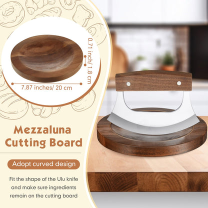 Sunnychicc 2 Pcs Mezzaluna Ulu Knife and Cutting Board Set Rocker Chopper Slicer Cutter with Stand Cutting Board Mezzaluna Chopper Alaskan Ulu Knife Kit for Onion Vegetable Mincing Tool(Walnut Wood)