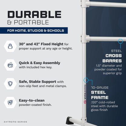 VITA Barre Portable Freestanding Double Ballet Barre, Extreme, 6 Ft Bars, Satin Silver, Steel | Fixed Height, Made in USA, Home or Gym Exercise Equipment for Kids & Adults | Dance, Fitness, Pilates