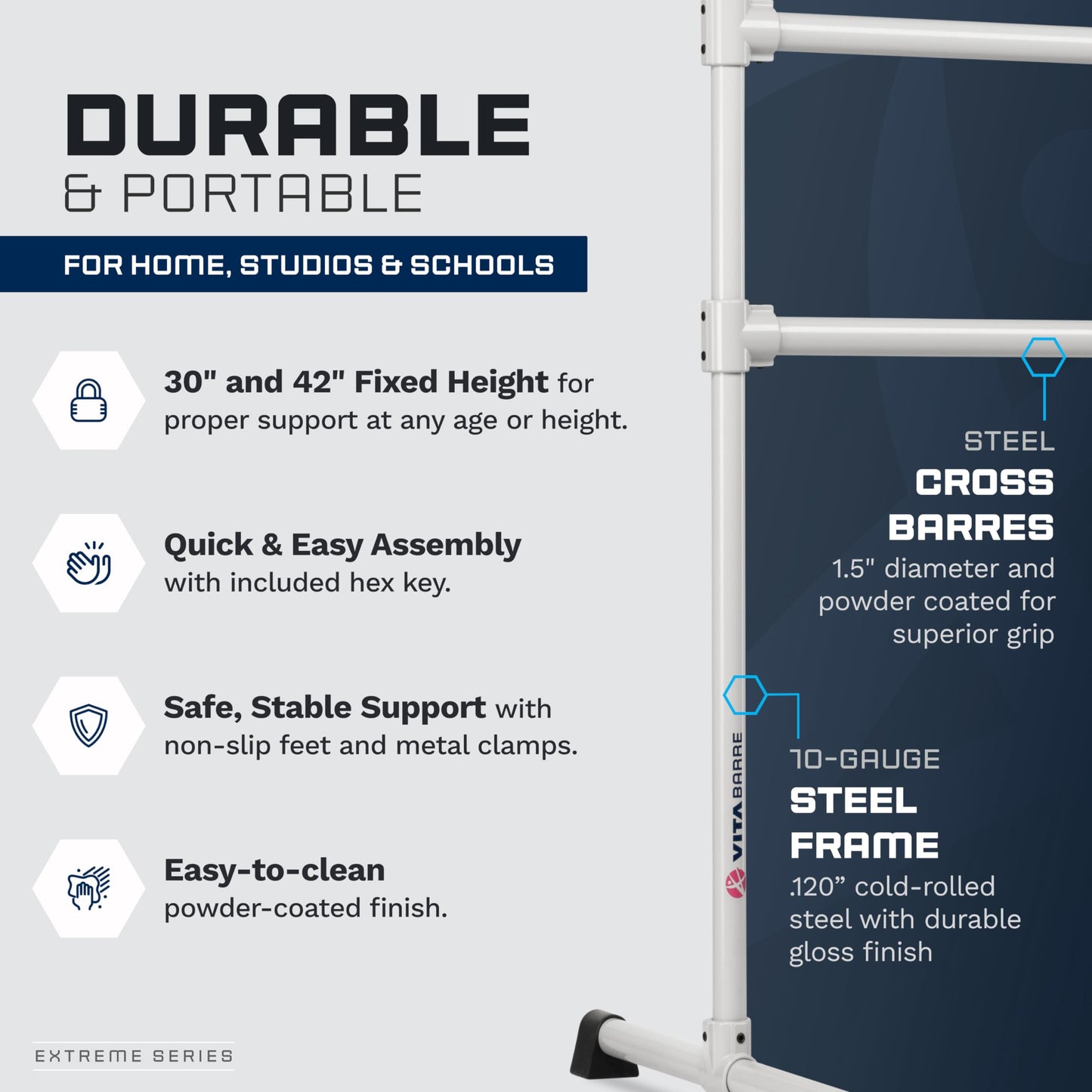 VITA Barre Portable Freestanding Double Ballet Barre, Extreme, 16 Ft Bars, Satin Silver, Steel | Fixed Height, Made in USA, Home or Gym Exercise Equipment for Kids & Adults | Dance, Fitness, Pilates