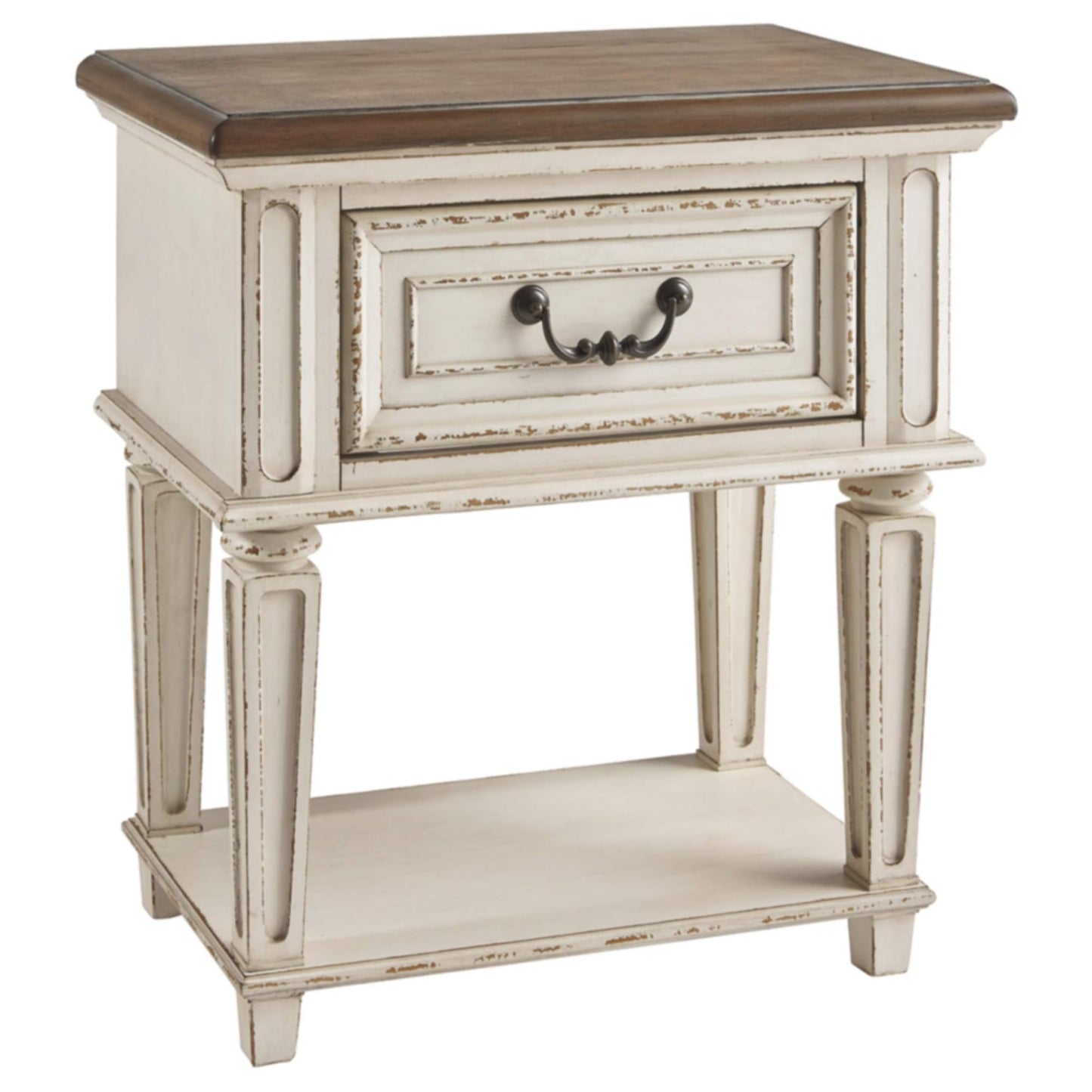 Signature Design by Ashley Realyn Traditional Cottage 1 Drawer Nightstand with Dovetail Construction & Open Display Shelf, Chipped White, 27" Tall, Distressed Brown