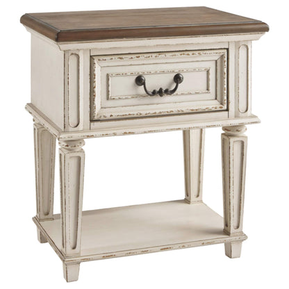 Signature Design by Ashley Realyn Traditional Cottage 1 Drawer Nightstand with Dovetail Construction & Open Display Shelf, Chipped White, 27" Tall, Distressed Brown