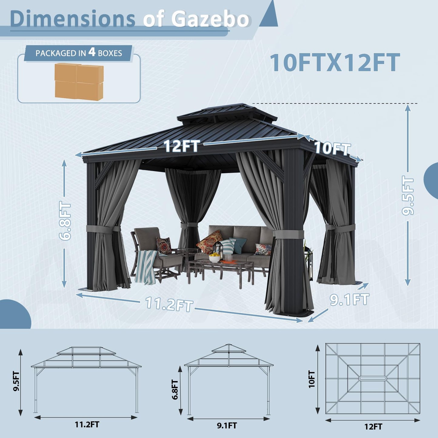 Aoxun 10' x 12' Permanent Hardtop Gazebo with Galvanized Steel Double Roof and Aluminum Frames Outdoor Large Pavilion Gazebo for Patio Deck Garden, Nettings and Curtains Included, Gray