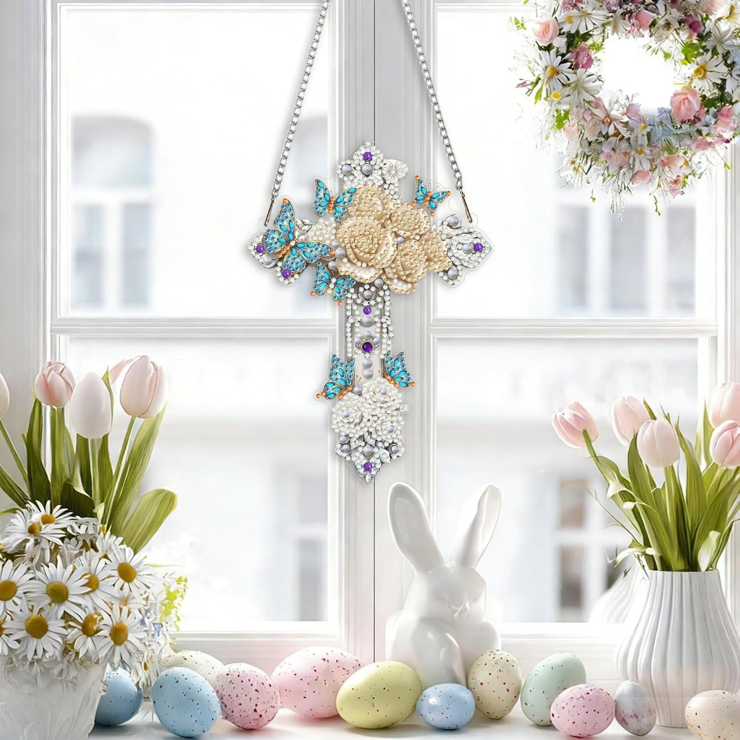 LPDJITO Cross Diamond Art Hanging Kits for Adults, Cross Diamond Art Suncatchers, 5D Special Shape Fall Diamond Painting Pendant Window Ornament Gifts for Home Garden Door Wall Decor