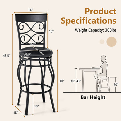 COSTWAY Bar Stools Set of 4, 360 Degree Swivel, 30" Bar Height Bar stools, with Leather Padded Seat Bistro Metal Vintage Chairs with Back for Kitchen Island, Pub (Set of 4)