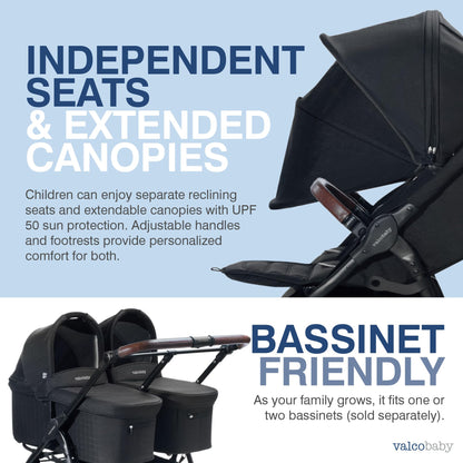 Valco Baby - Trend Duo Double - Side by Side Double Stroller for Newborn and Toddler - Easy Compact Fold, Multi-Position Recline, Large Canopy Infant Twin Stroller 2025 (Night Black)