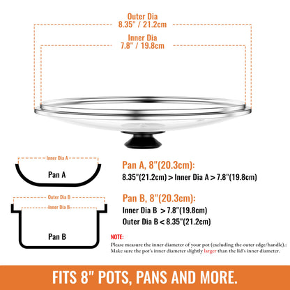CnSneg 8 Inch Pan Lid For Pots Pans and Skillets, Cast Iron Skillet Lid, Tempered Glass Pan Lids Replacement, Pot Covers for Cooking, Wok, Crock Pot Lid with Stainless Steel Rim, Frying Pot Lids Only