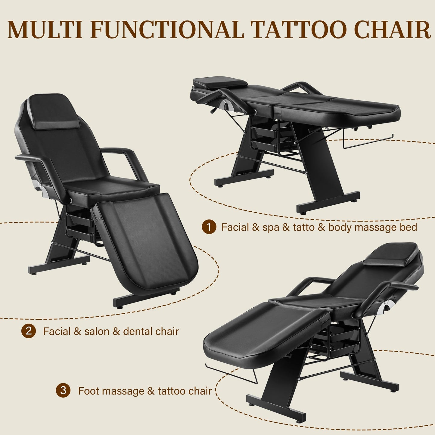 KIIUMI Tattoo Chair for Client, Esthetician Facial Bed with Hydraulic Stool, Lash Massage Table with 2-Tray, Multi-Purpose Black Lash Bed for Artist Spa Salon Beauty Equipment, Black