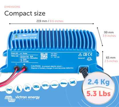 Victron Energy Blue Smart Marine Battery Charger – IP67 – Float, Trickle Charger & Desulfator for Boat, ATV, RV, Lithium & Deep Cycle Batteries - 12V 25A