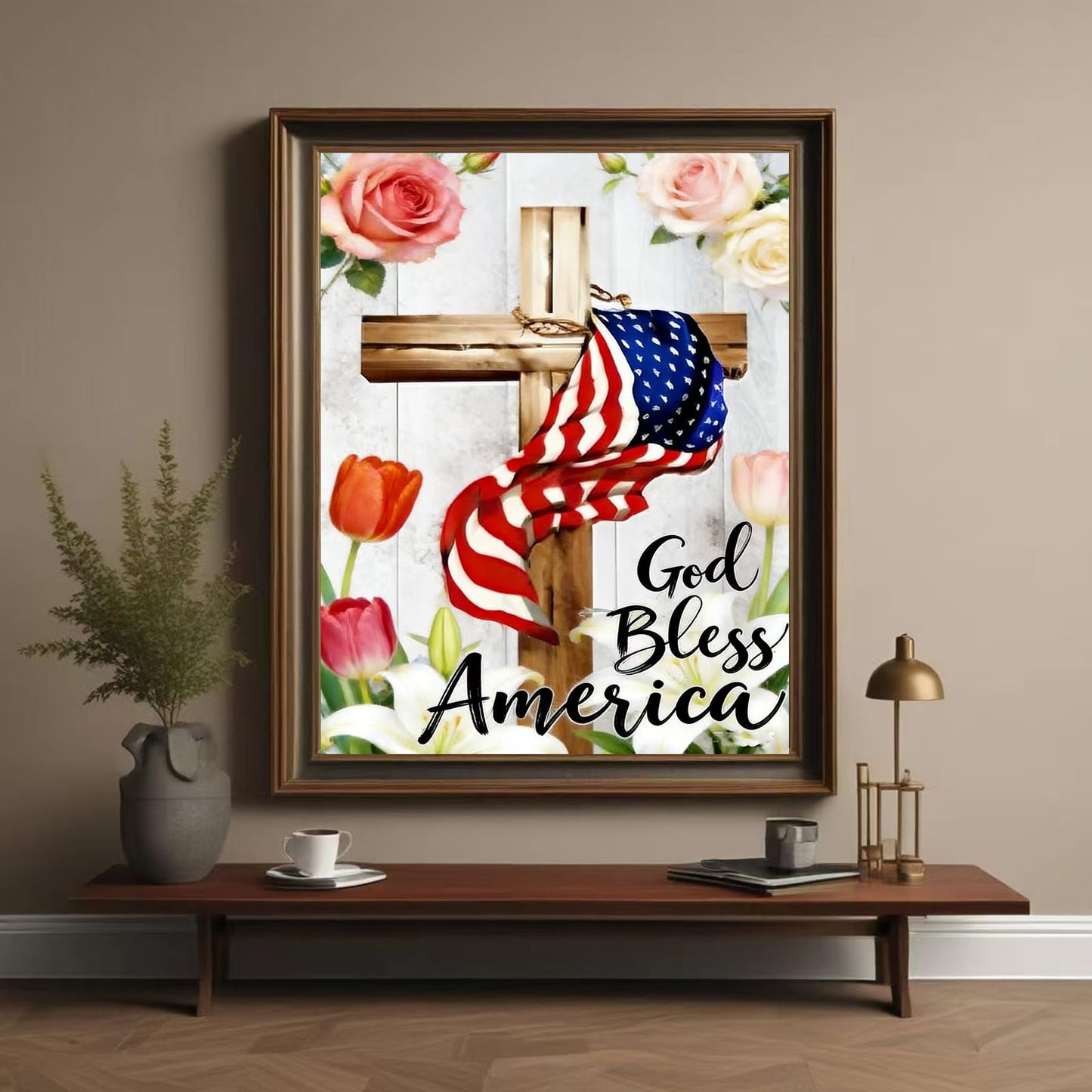 Lvmuu 5D Patriotic Diamond Painting Kits for Adults American Flag, Cross God Bless America Full Square Drill Diamonds Art Kits for Beginner DIY Paint By Numbers Art Gem Crafts Home Decoration 30x40cm