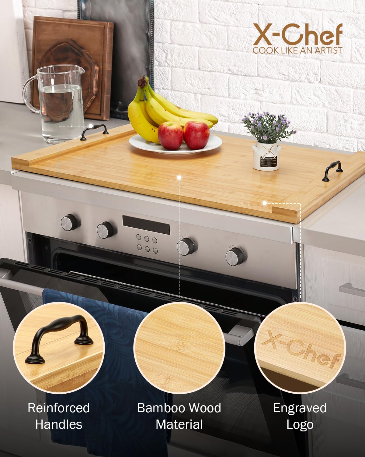 Noodle Board Stove Cover, X-Chef 30 x 22" Bamboo Cutting Board Stove Top Cover with Handles, for Electric Stovetop, Gas Burners, Sink Cover, RV (Wooden)