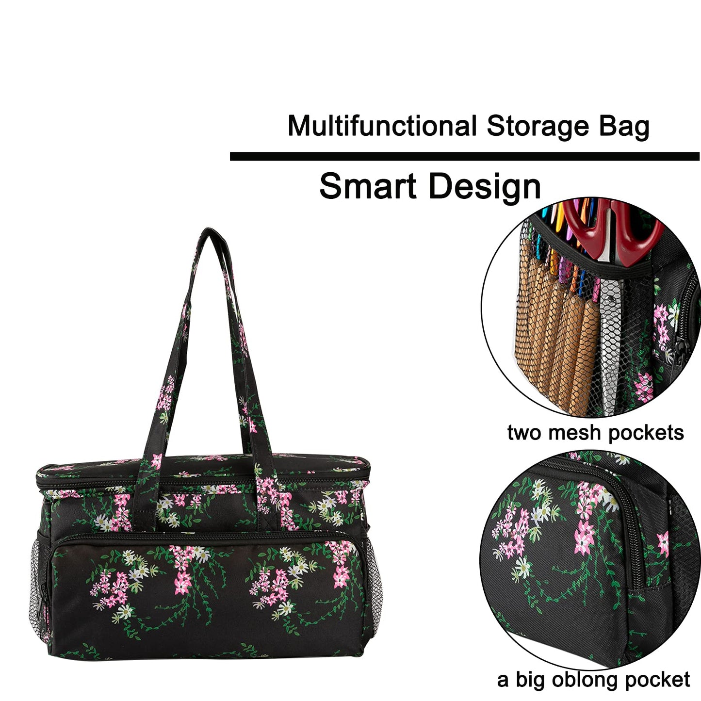 Ryhiac Yarn Storage Organizer Tote Bag Knitting Project Bag Yarn Holder Traveling Crochet Handbag Floral for Bulk Yarns,Crochet Hooks,Knitting Needle,Crochet Acessories