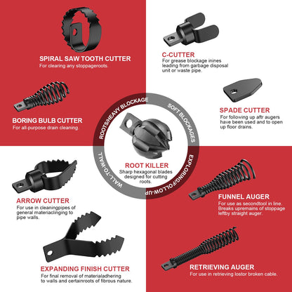 POPULO Auto Feed 50FT Electric Drain Snake with Mobile 8-Inch Wheel and 580W Power,1/2-Inch Drain Snake for 2”-4" Sewer Pipes, 50FT Drain Auger Includes 8 Attachments Heads and Glove