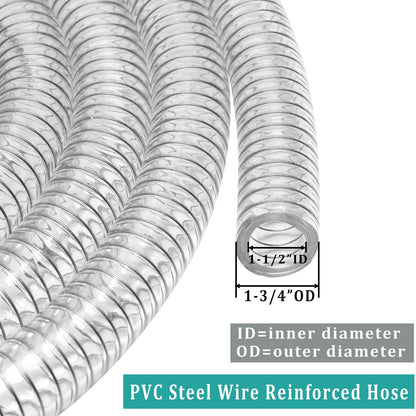 Flexible Hose 1 1/2" id - 50ft Clear PVC Spiral Steel Wire Reinforced Vinyl Tubing 1.5 inch Plastic Vacuum Pipe Flex Suction Hose for Dust Collection Boat Marine Pump, Drain Water Fuel Gas