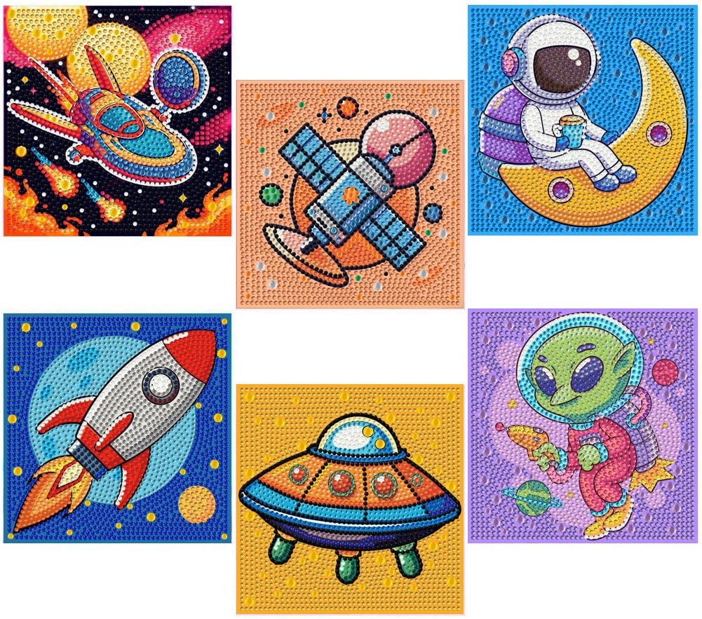 MXCFZX 6 Pack 5D Space Astronaut Diamond Painting Kits for Kids Beginners,Cute Alien/Spaceship DIY Diamond Art Kit for Kids,Easy Full Round Drill Big Gem Art for Kid,Home Wall Decoration 6X6 inch