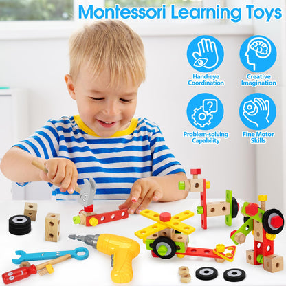 Kids Tool Set with Electric Drill, 46 Pcs Wooden Toddler Play Tools Set with Tool Box, Montessori STEM Educational Construction Building Toy for 3 4 5 6 Year Old Boys Girls Birthday Gifts