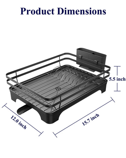 Kitsure Dish Drying Rack - Multi-Functional Dish Rack for Kitchen Counter with Cutlery Holder, Rust-Proof Storage Solution with Rotatable, 15.7" x 12.0" x 5.5", Black