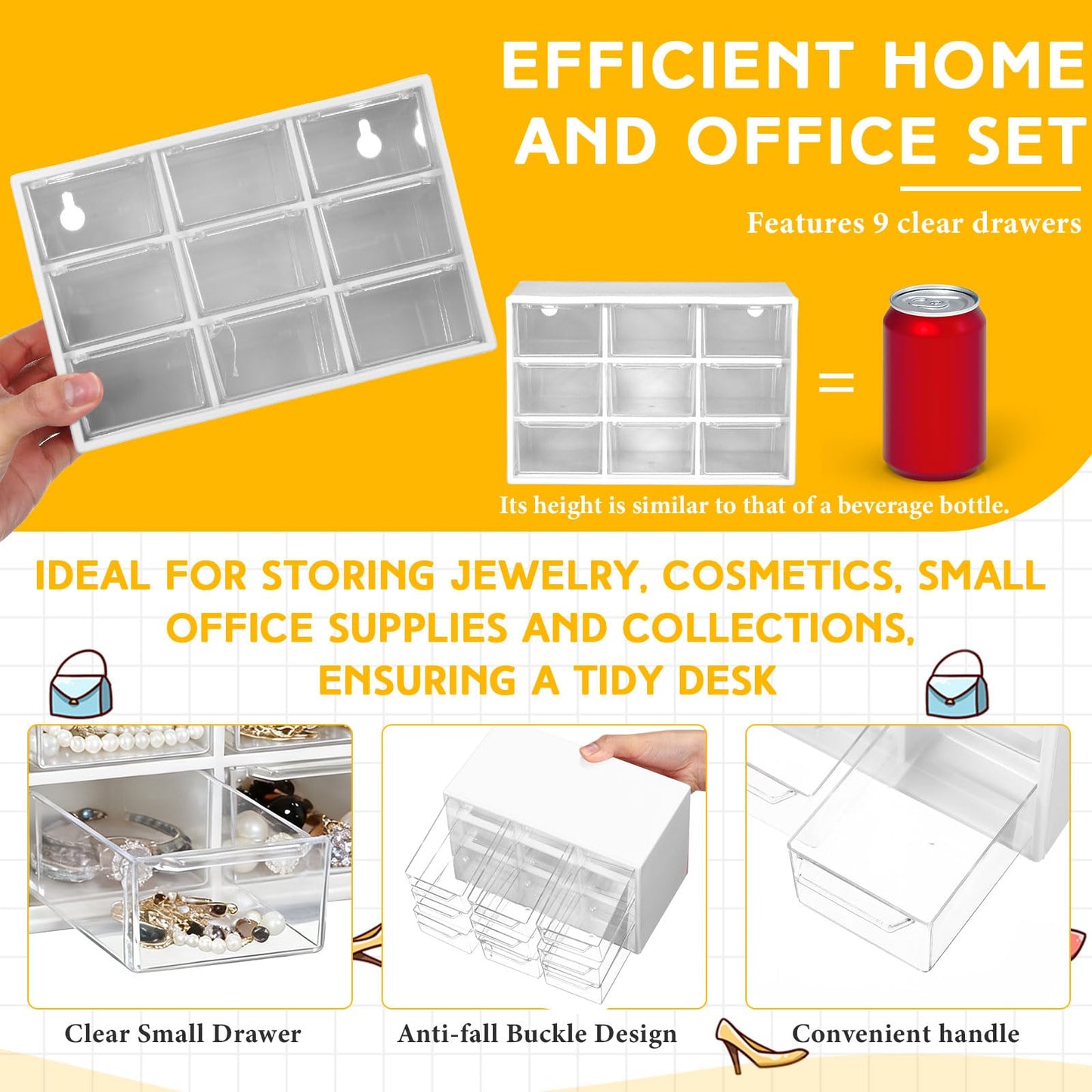 Wenqik 2 Pcs Mini Storage Drawers Teacher Toolbox Organizer with 9 Clear Drawers Small Plastic Desktop Teacher Desk Craft Organizer for Classroom Office 7" x 3. 9" x 4. 7" (Black, White)