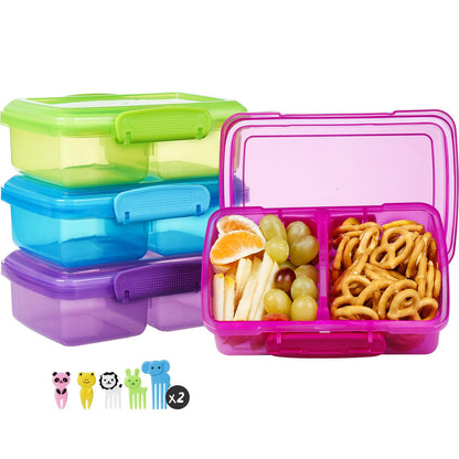 Greentainer 4 Pack Snack Containers with Lids for Kids, 2 Compartment Reusable Bento Lunch Box with Cute Forks, Divided BPA-Free Plastic Food Storage & Meal Prep for School, Travel, Fruits & Snacks