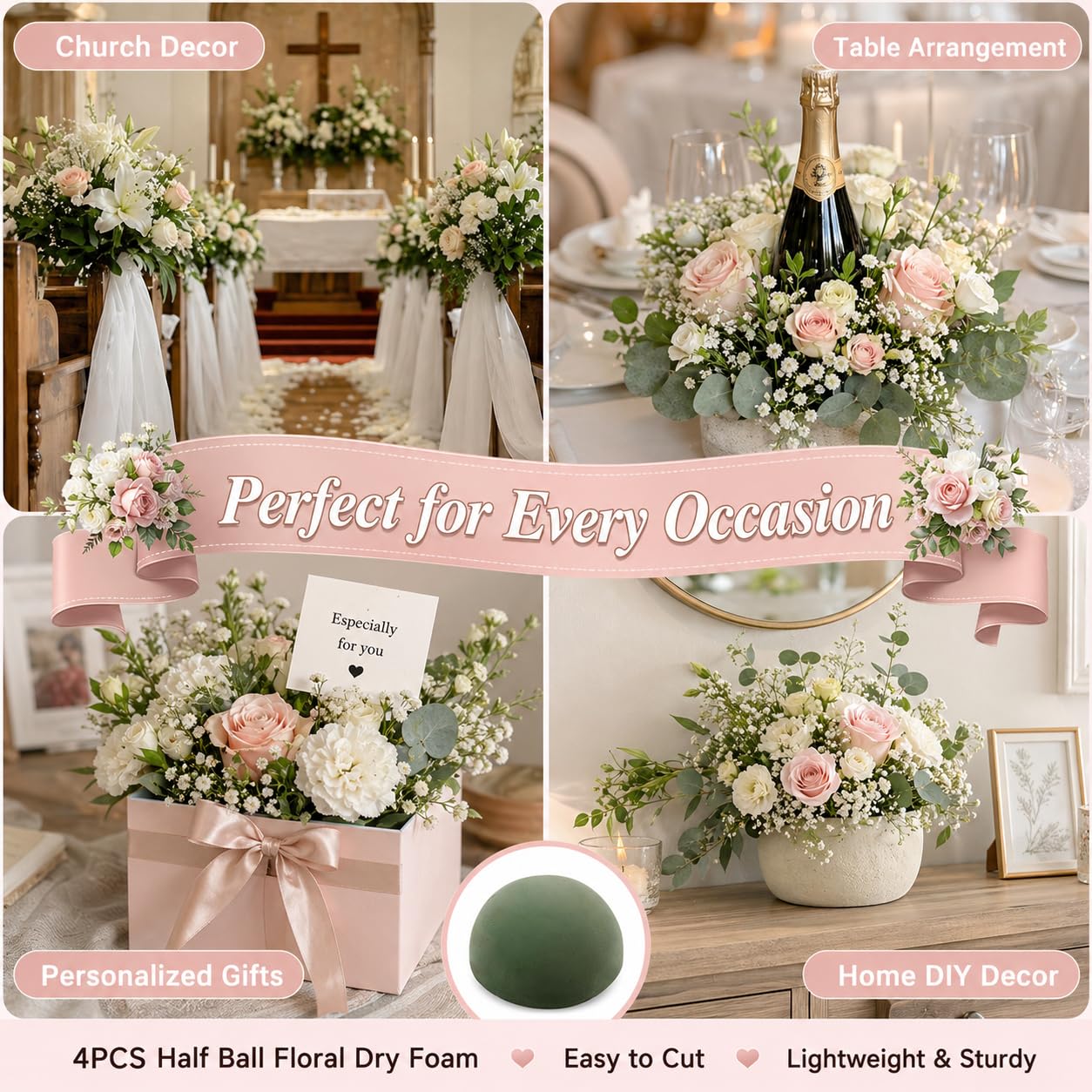Hoypeyfiy 4Pcs 5.51 x 2.76 Inch Half Ball Floral Dry Foam, Green Round Foam Blocks for Artificial Flower Arrangement, DIY Craft, Wedding Birthday Centerpiece Decorations