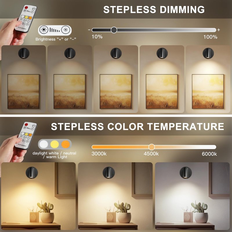 Kimjo Spot Lights Indoor, Wireless LED Spotlight, Uplighting Indoor with Remote and Dimmable, Accent Lighting for Plants, Picture, Battery Operated Wall Light