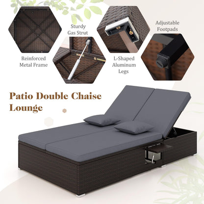 Tangkula Outdoor Rattan Daybed with 6-Level Adjustable Backrests, 2-Person Adjustable Wicker Recliner Bed with Cushions & Folding Side Trays, Double Sunbed Lounger for Balcony, Backyard & Poolside