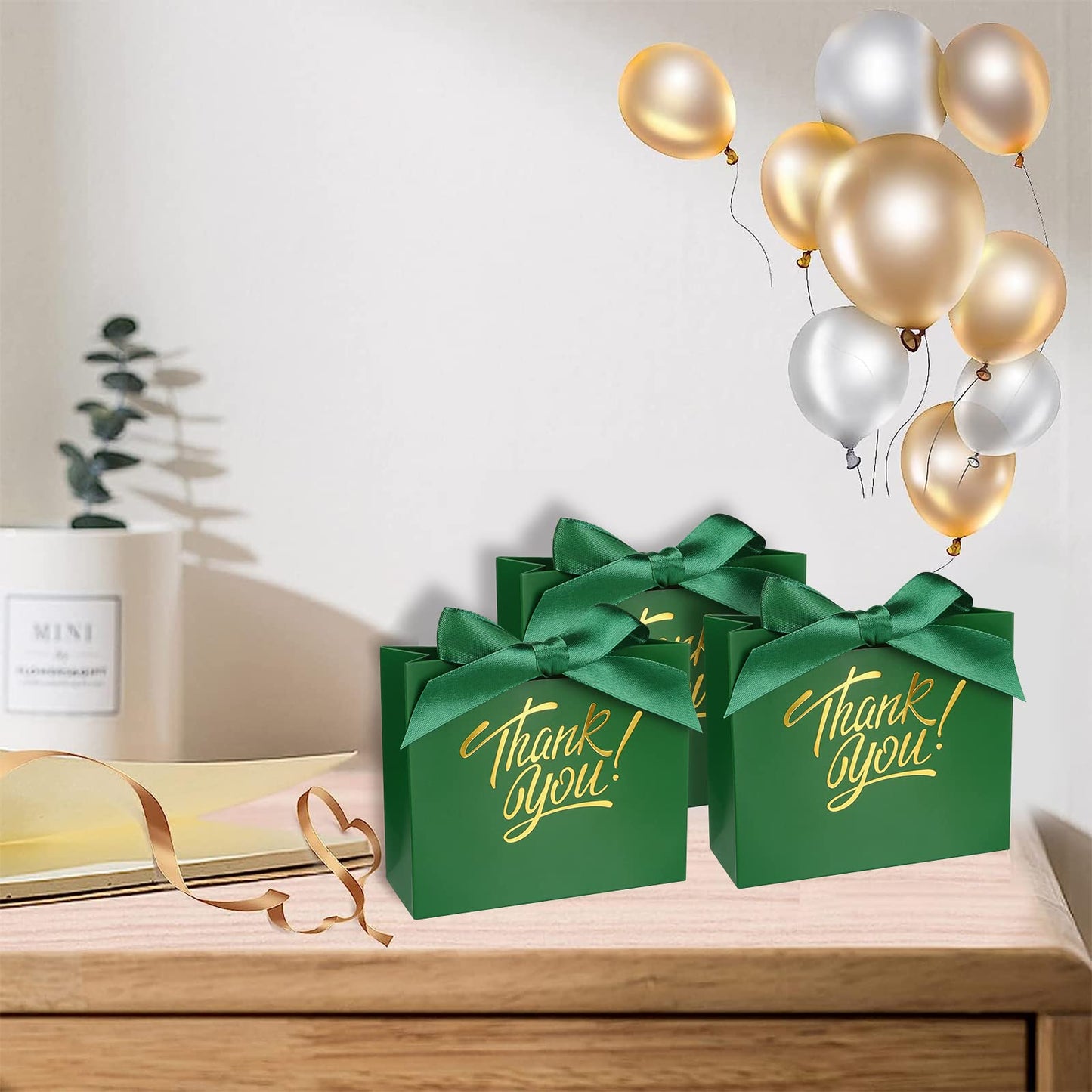 KPOSIYA 100 Pack Small Thank You Gift Bags, Green Party Favor Bag with Ribbon