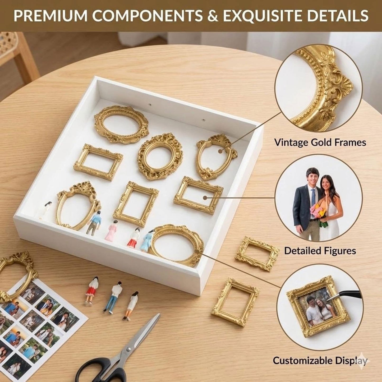 Mini Museum Silhouette Shadow Box Frame, DIY Memory Display Photo Craft Kit with LED String Lights, Mini Gold Frames & Figurines, Keepsake Box for Wedding Anniversary Family Milestone Gift (Black)