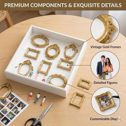 Mini Museum Silhouette Shadow Box Frame, DIY Memory Display Photo Craft Kit with LED String Lights, Mini Gold Frames & Figurines, Keepsake Box for Wedding Anniversary Family Milestone Gift (Black)