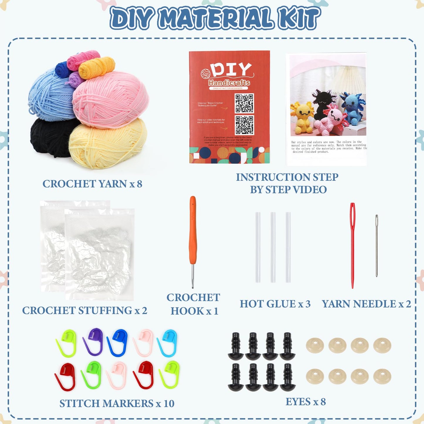 Weldomcor Crochet Kit for Beginners, Amigurumi Crocheting Animals Kits for Adults with Step-by-Step Video Tutorials Knitting Yarn Hooks DIY Crafts Starter Supplies Gifts Set (4 Pcs Mini Axolotls)