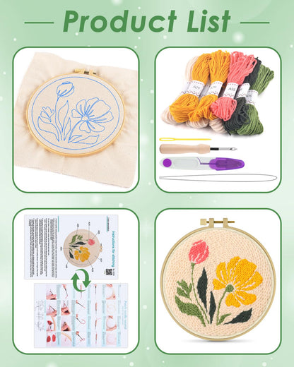 ERKOON Punch Needle Kit Adults Beginners, DIY Easy Floral Embroidery Set for Starter Art Craft, Needling Punch Project with Patterns, Tools, Yarns, Hoop, Instruction (Rhubarb Flowers)
