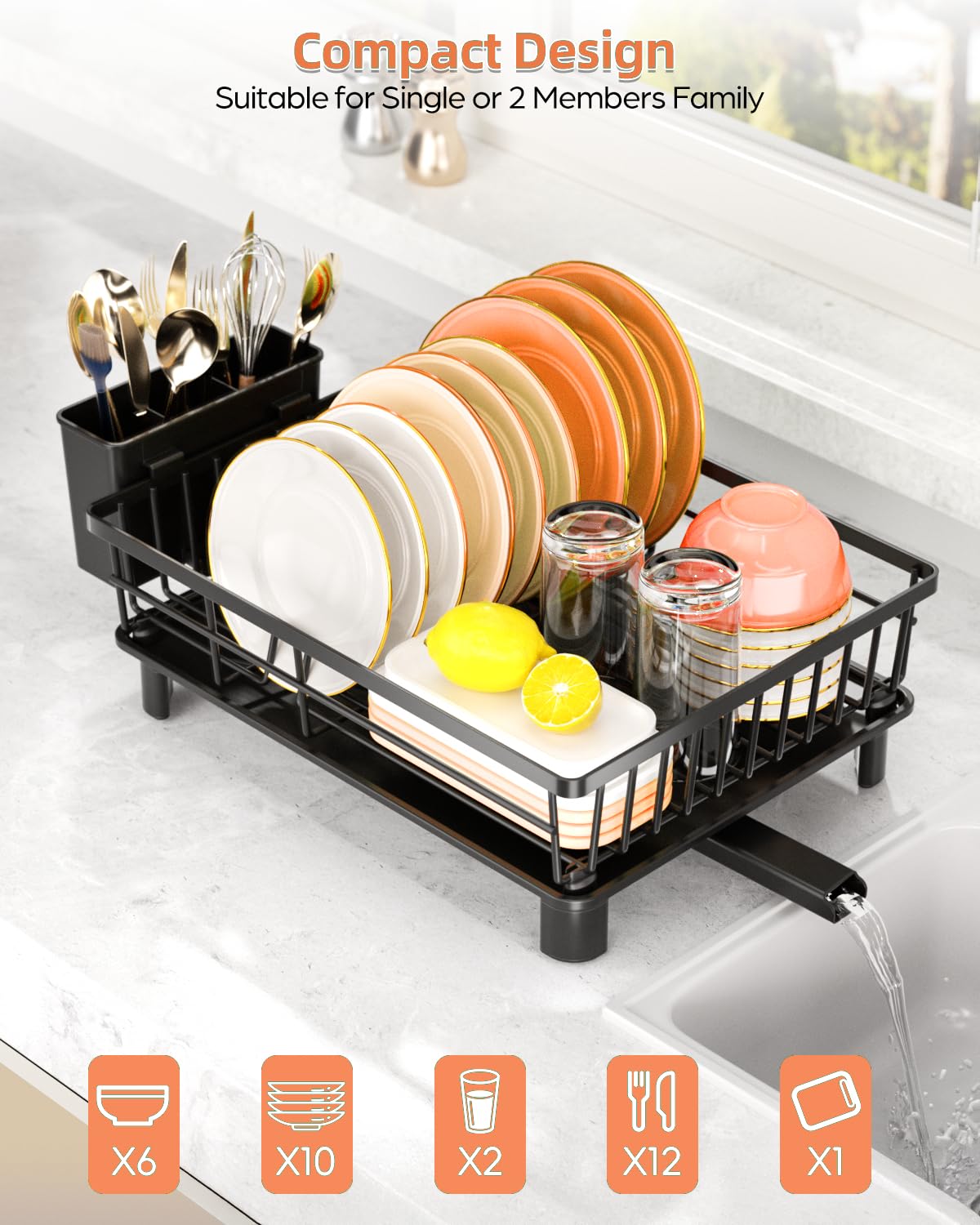 LIONONLY Dish Drying Rack for Kitchen Counter, Stainless Steel Drainer Anti Rust, Smart Drainage System Drainboard with Detachable Cutlery Holder, Handwash Dish Helper for Home, Apartment Space Saving