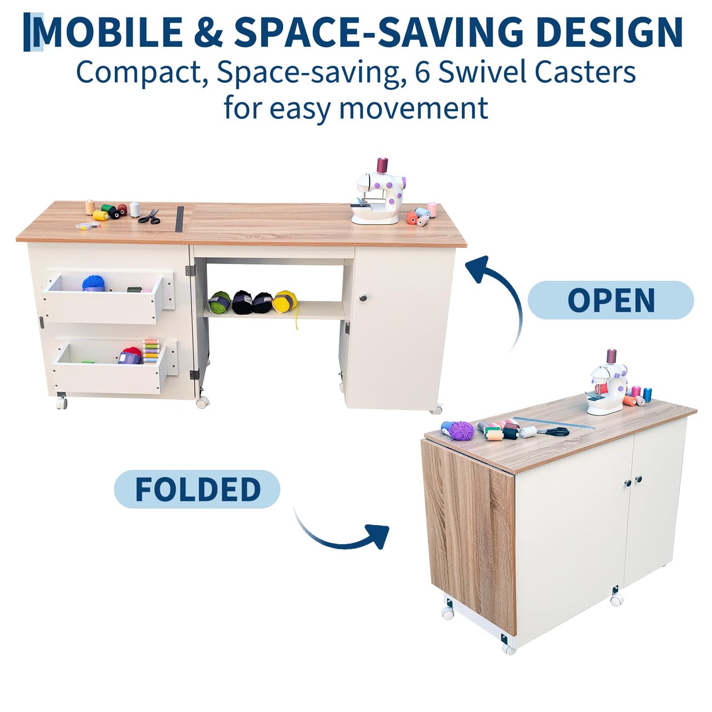 Large Folding Sewing Table, 63" x 19" x 29.5" Multipurpose Portable Craft Station & Side Desk with Compact Design, Caster Wheels, Storage Shelves, 2 Storage Trays, Magnetic Doors, White + Natural