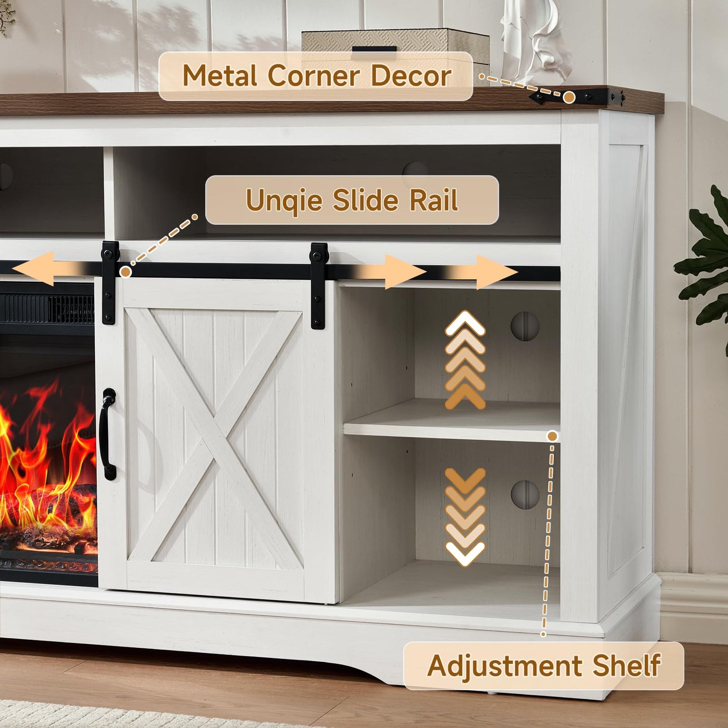 ROCKPOINT 58" Fireplace TV Stand for TV up to 65 Inch with Farmhouse Sliding Barn Doors, Highboy Entertainment Center with Storage Cabinet, 23" Electric Fireplace with Remote, White