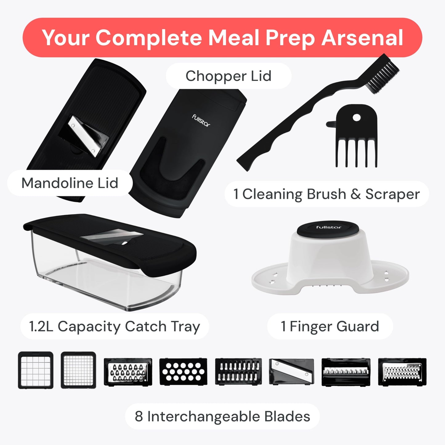 Fullstar All in One Vegetable Chopper and Mandoline Slicer - Food Chopper with Container and Julienne Slicer, Fruit Slicer, Veggie Cutter, Kitchen Gadgets & Gift for Mom (8 in 1, Black)