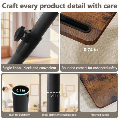 YUHFERA Sofa Armrest Tray Table for Couch - 360° Swivel Height Adjustable End for Small Spaces, Snack Side Table for Bed or Chair with Phone & Tablet Slot (Rustic,Standard)