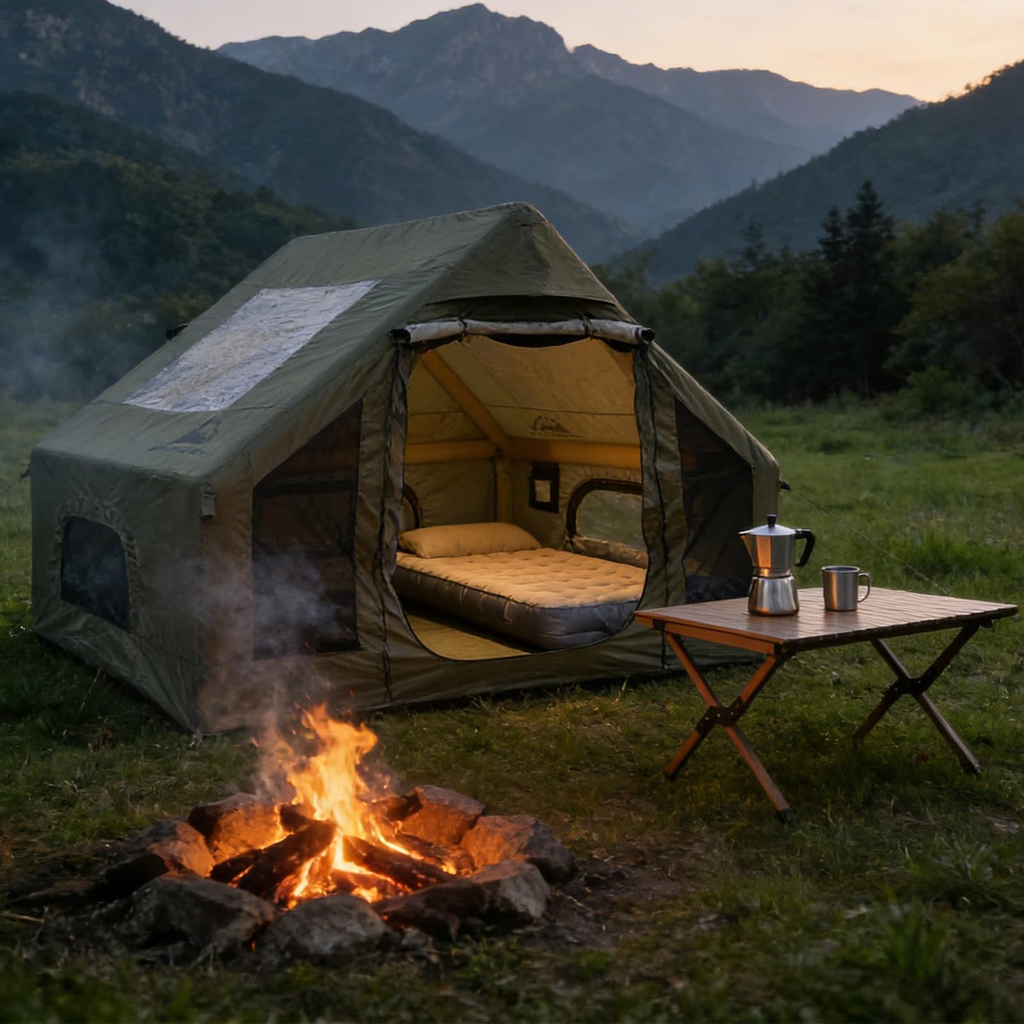Romantic Camp Inflatable Camping Tent for 4-6 Person, Waterproof Blow up Tent with Pump, 4-Season Hot Tent for Camping & Hiking