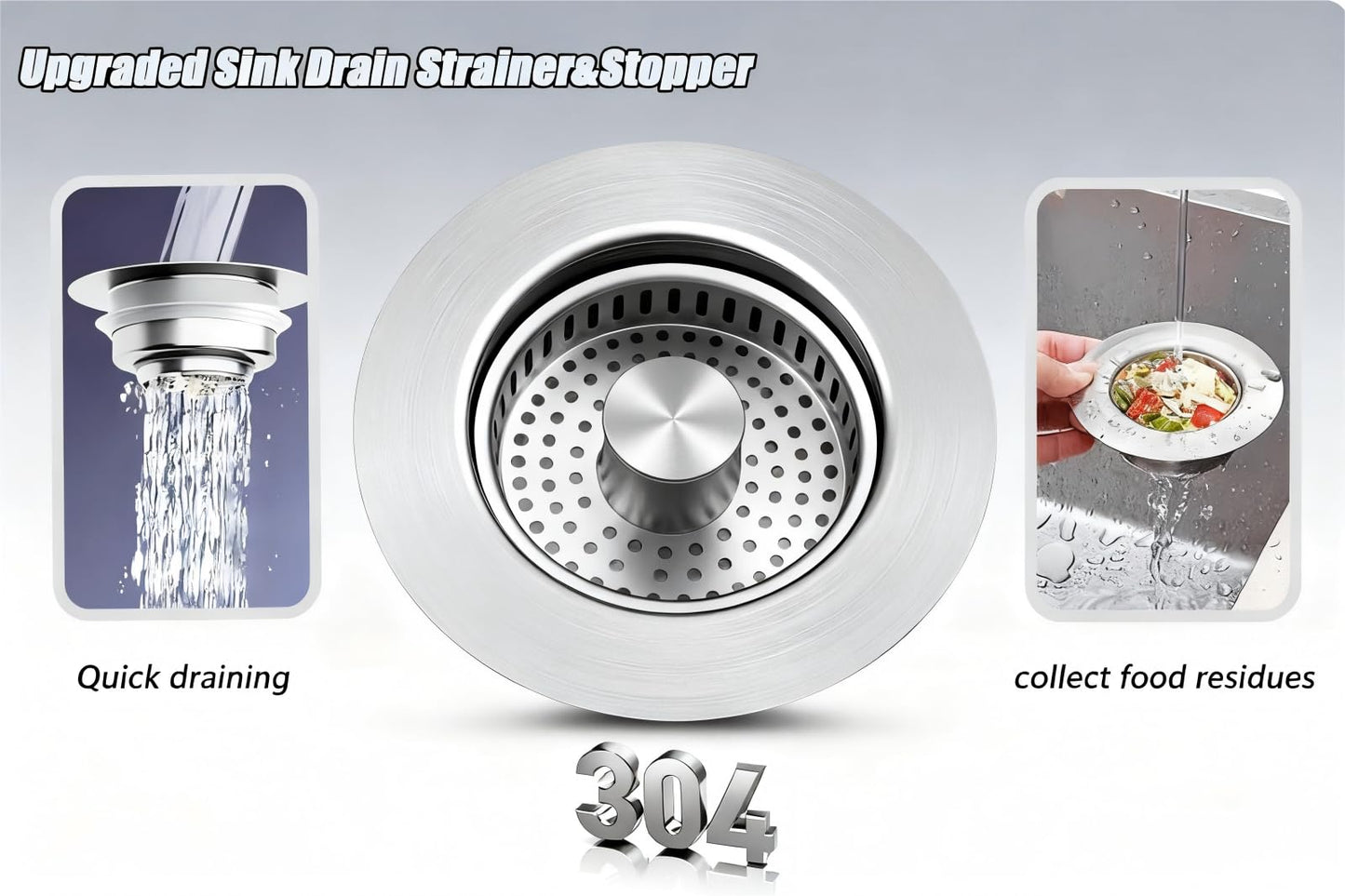 GanLiving 3-in-1 Kitchen Sink Drain Strainer Stopper, 304 Stainless Steel Pop Up Drain Plug, Anti-Clog Odor Prevention Sink Basket, Tool-Free Easy Install, Fits US Standard 3-1/2" Drain Hole,2 Pack