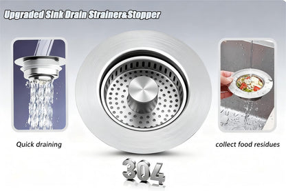 GanLiving 3-in-1 Kitchen Sink Drain Strainer Stopper, 304 Stainless Steel Pop Up Drain Plug, Anti-Clog Odor Prevention Sink Basket, Tool-Free Easy Install, Fits US Standard 3-1/2" Drain Hole,2 Pack