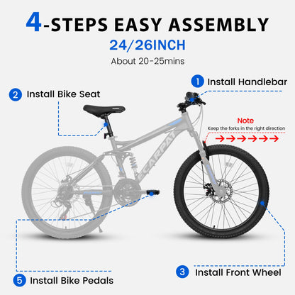 Ecarpat Mountain Bike 24 Inch Wheel, 21-Speed Disc Brakes Thumb Shifter, Carbon Steel Frame Mens Trail Commuter City Snow Mountain Bikes Bicycles