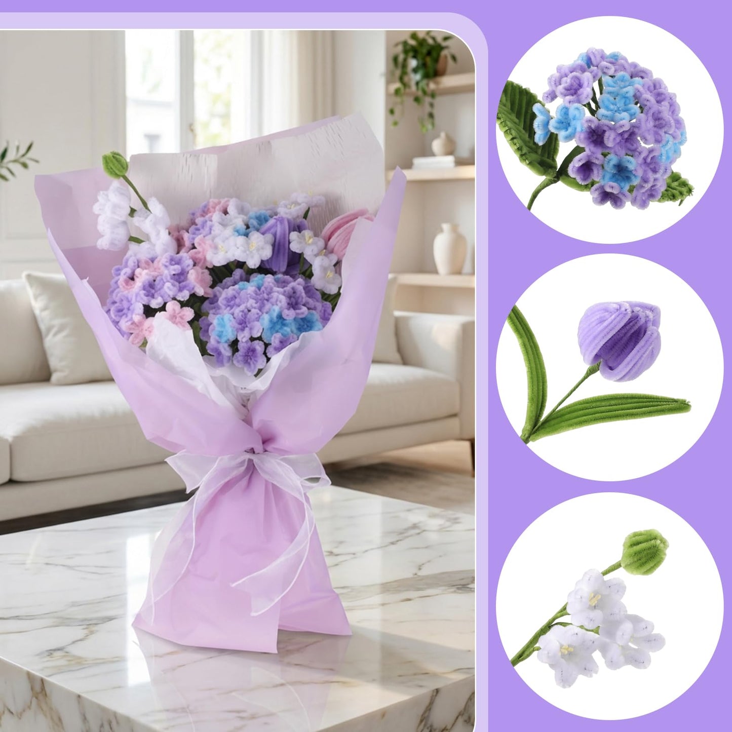 WSICSE 500Pcs Purple Pipe Cleaner Flower Kit, Pipe Cleaners Bulk Chenille Stems with Floral Wires, Gardening Tape,Stamen& Ribbon, Wrapping Paper (5 Colors)