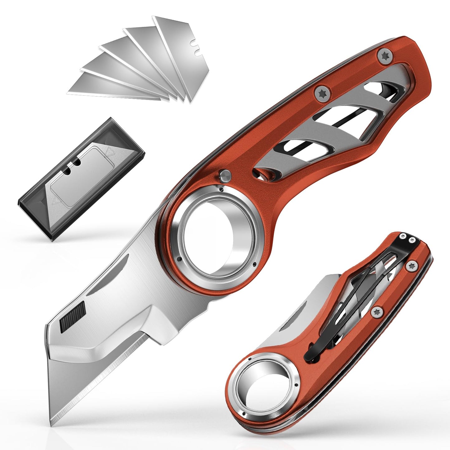 Folding Utility Knife Pocket Knife, Heavy-Duty Box Cutter with Anti Slip Finger Loop, Quick Change Blade Razor Knife, Box Cutters for Home, Office, Warehouse, Durable Razor Knife, Box Knife (Brown)