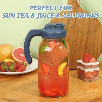 Soligt Glass Mason Jar Pitcher with Lid, Wide Mouth Flip Cap Pour Spout Leak-proof Lid with Handle, 64 oz (2 Quart / 1.9 Liter), Navy and Yellow, 2 Pack