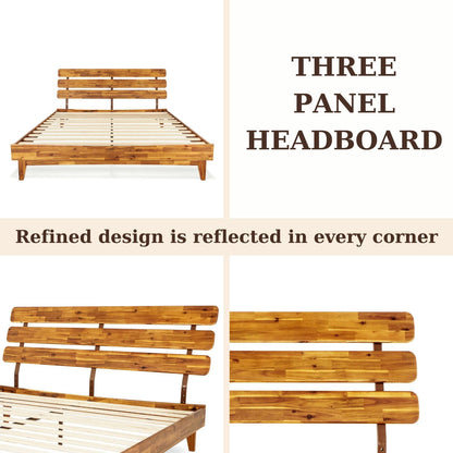 Bme Caden King Size Bed Frame and Adjustable Headboard, 15 Inch Mid Century Retro Style - Solid Acacia Wood - No Box Spring Needed - 12 Strong Wood Slat Support - Easy Assembly - Caramel