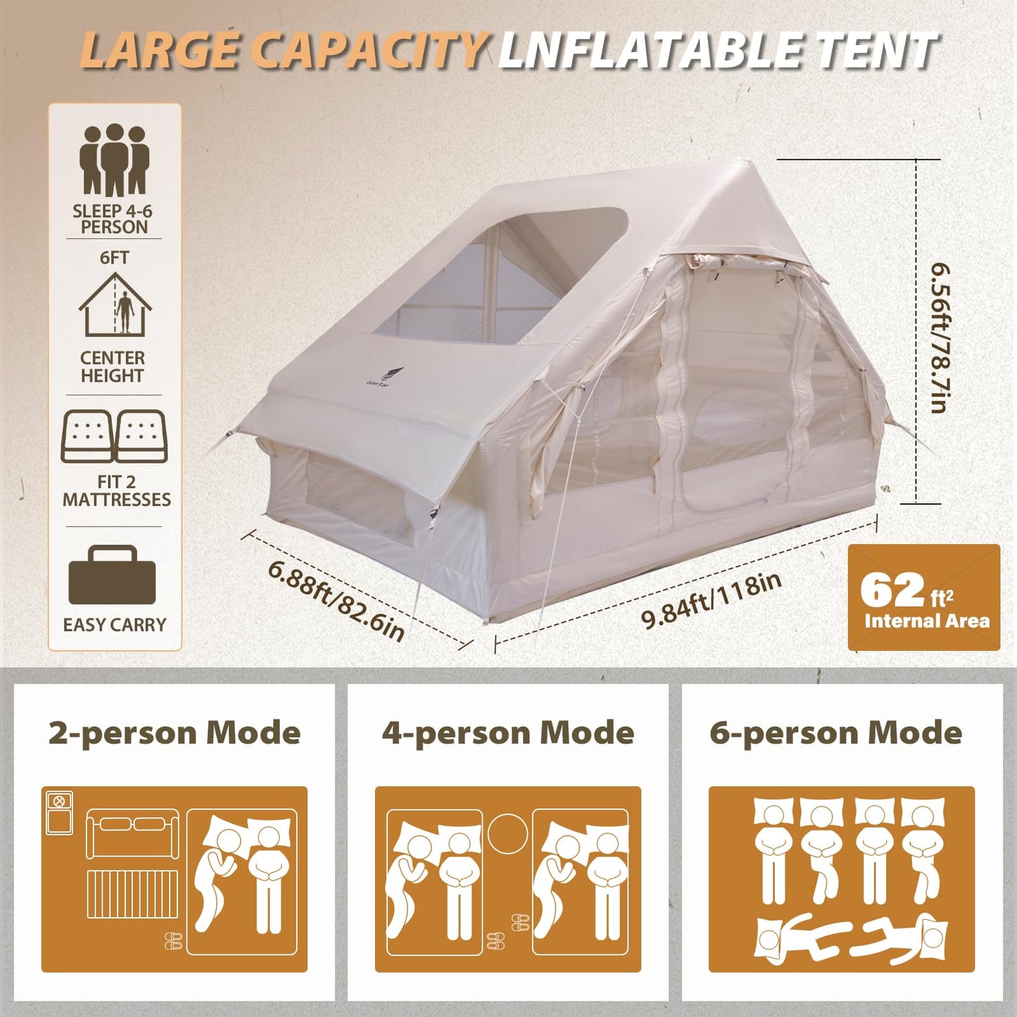 GEERTOP Large Inflatable Camping Tent with Stove Jack Instant Waterproof Blow Up Air Glamping Tent with Skylight for Family 4-6 Person 4 Season Outdoor Adventures