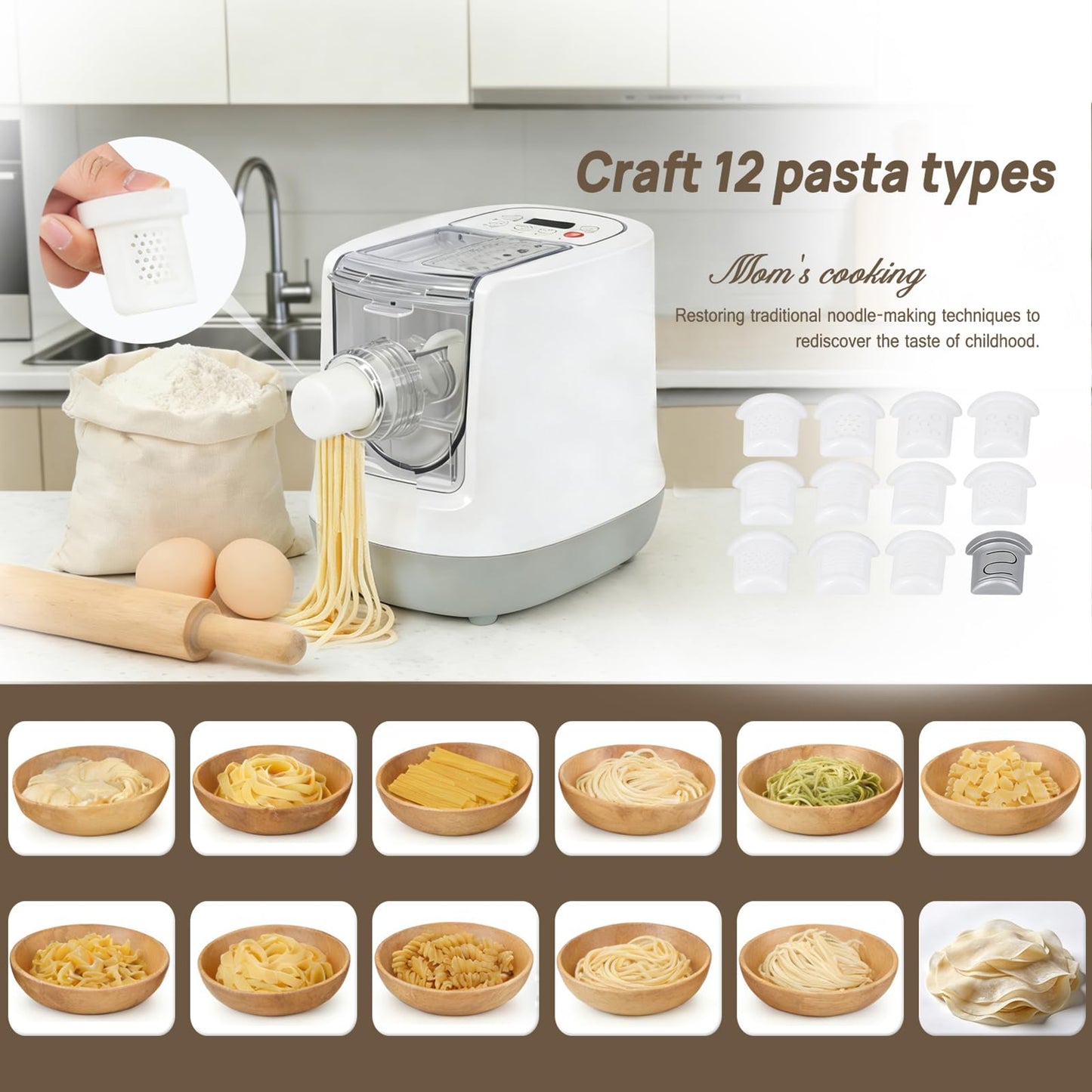 CEUGS Electric Pasta Maker, 260W Automatic Pasta Maker Machine, 500G Flour Capacity Noodle Machine, 12 Types of Noodle Molds, Pasta Making Machine for Spaghetti, Cannelloni, Dumpling and More