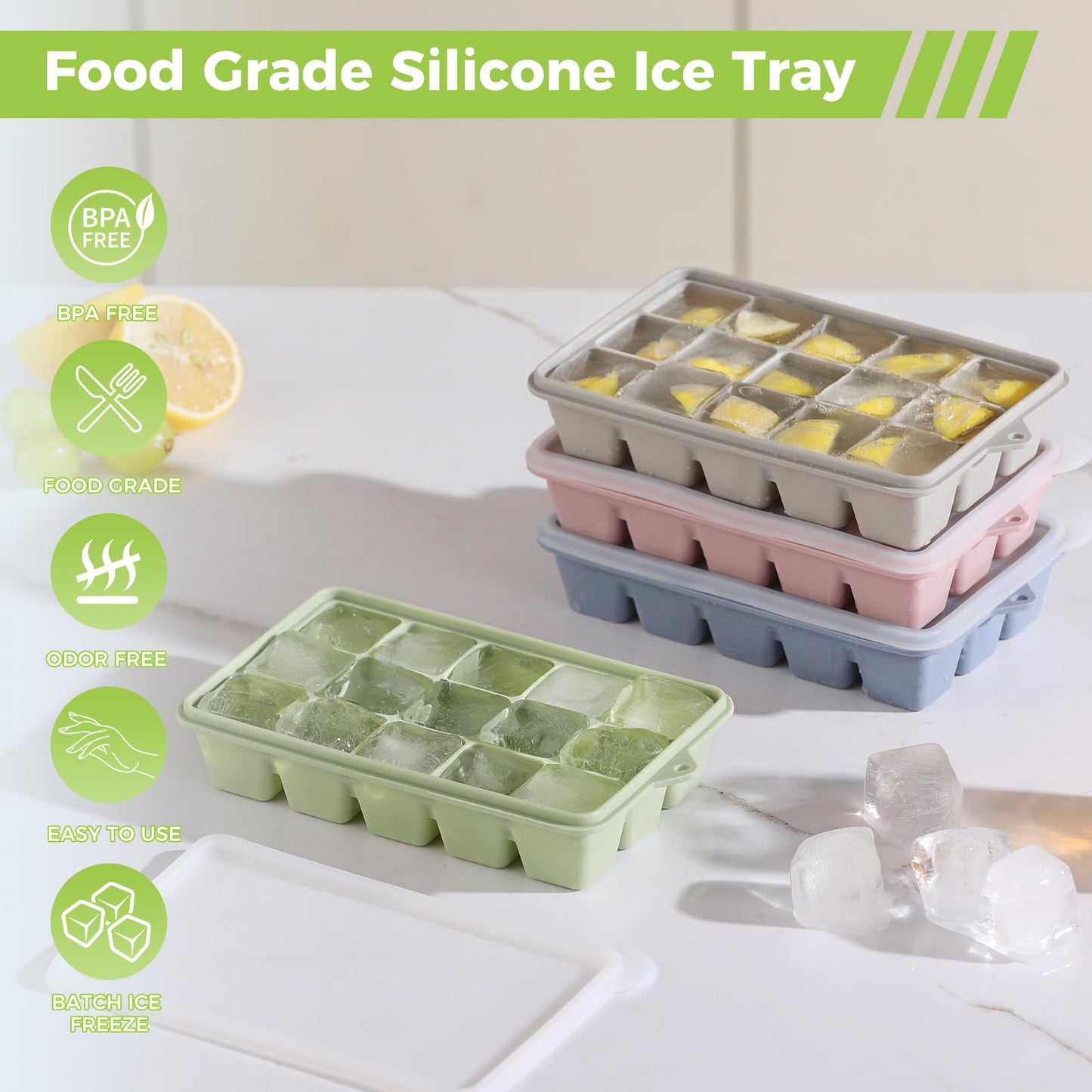 Silicone Ice Cube Trays with Lid, Set of 4, Easy Release Ice Molds, Reusable and Stackable Ice Trays for Freezer for Cocktail, Whiskey, Baby Food, BPA Free (multicolour)