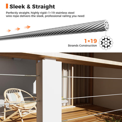 WAYSKA 1/8" Stainless Steel Cable 1000FT, T316 Marine-Grade Wire Rope Aircraft Cable with a Cutter for Deck Railings, Stair Porch Fence, Balusters, 1 x 19 Strands Construction
