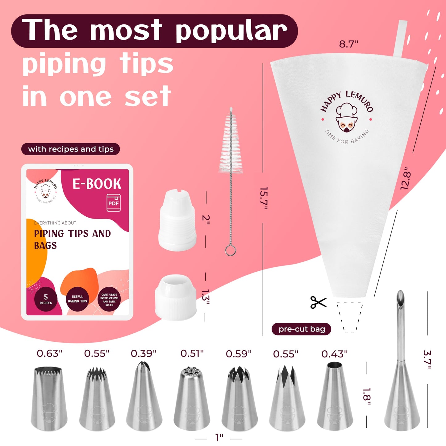 Happy Lemuro Premium Reusable Piping Bags and Tips Set - Cotton Pastry Bag 16" with 8 Large Icing Tips for Cake Decorating - Large Piping Tips Set - Dishwasher Safe